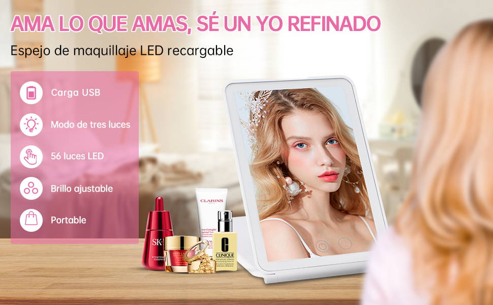 Espejo de maquillaje LED recargable