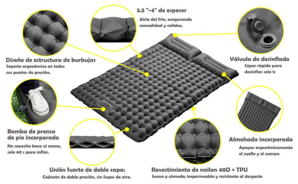 Colchoneta inflable doble para acampar