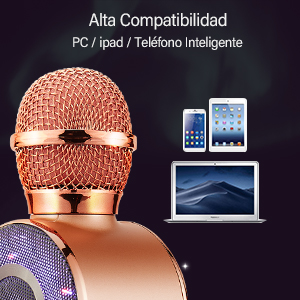 Micrófono de Karaoke Inalámbrico, 4 en 1Micrófono Bluetooth con Altavoz y LED