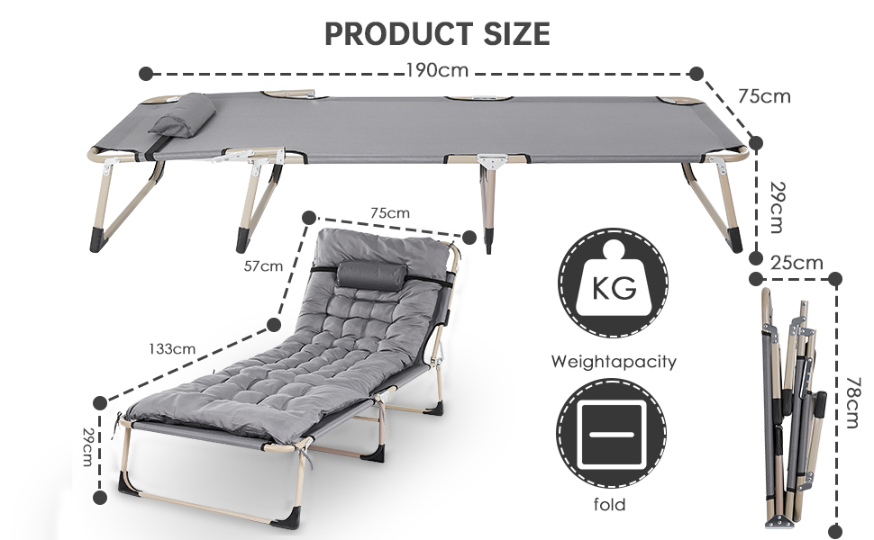 Detalles del tamaño de la cama plegable ajustable