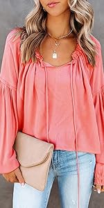 Blusa casual de algodón para mujer, manga larga, cuello en V, cuello en V, con volantes, para otoño