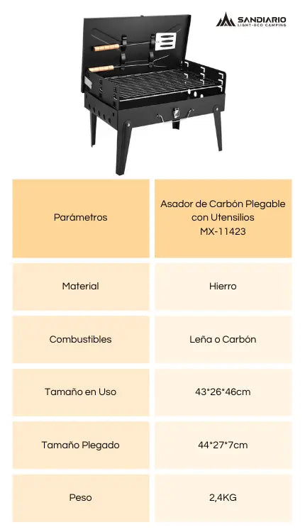 Parmetros de Asador de Carbn Plegable con Utensilios